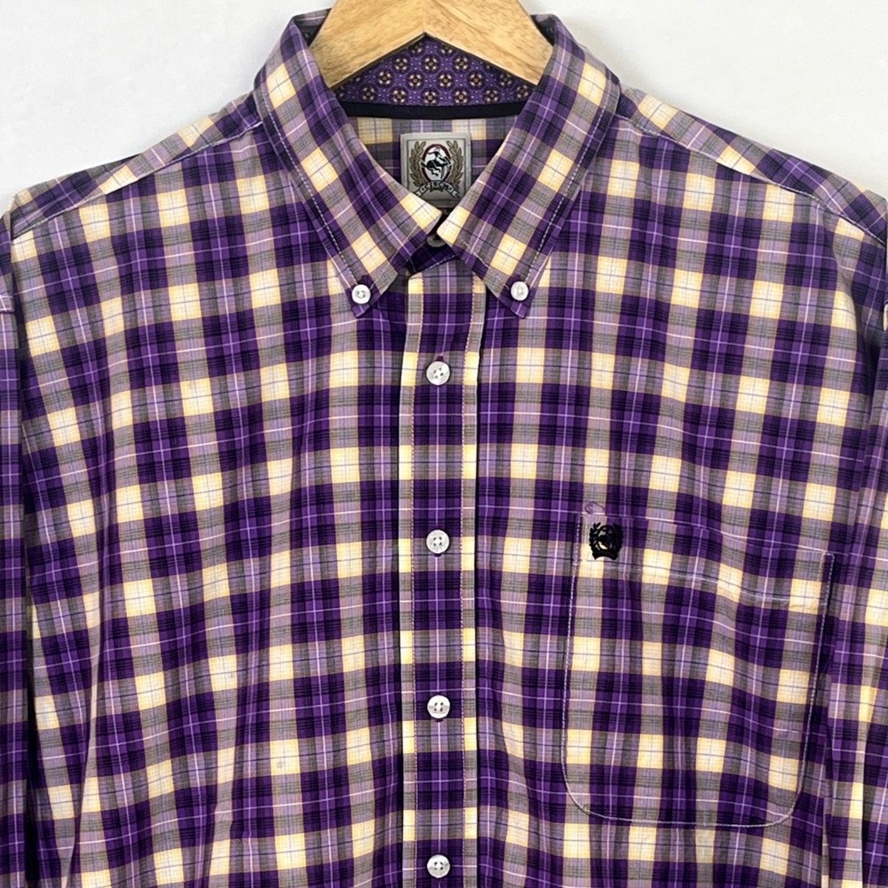 Cinch Gold Purple Check Long Sleeve Shirt Button Collar LSU Colors Large Men's‎